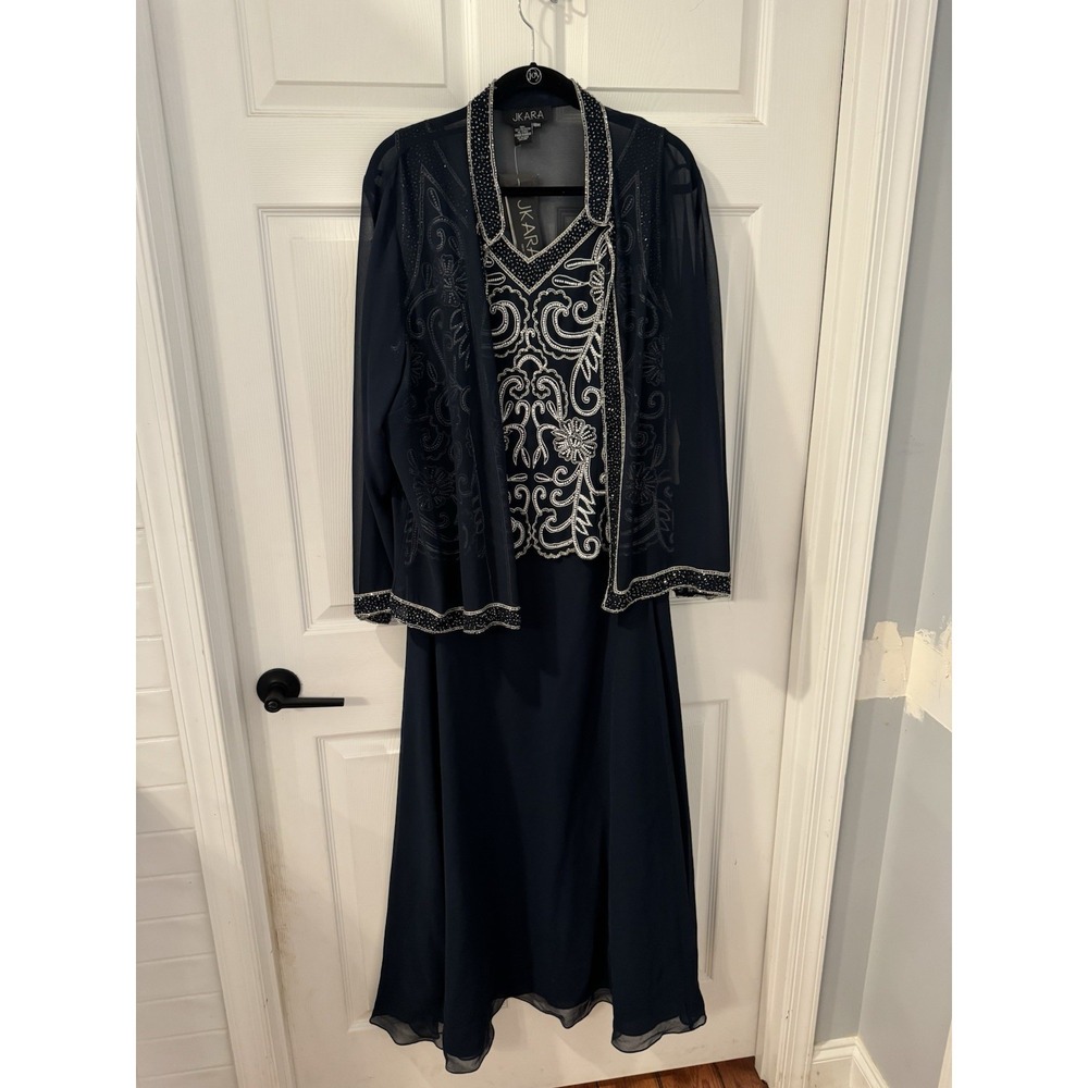 NEW J Kara Women's Plus Sz 18  W Blue Long Beaded V trime Detail Dress Formal‎